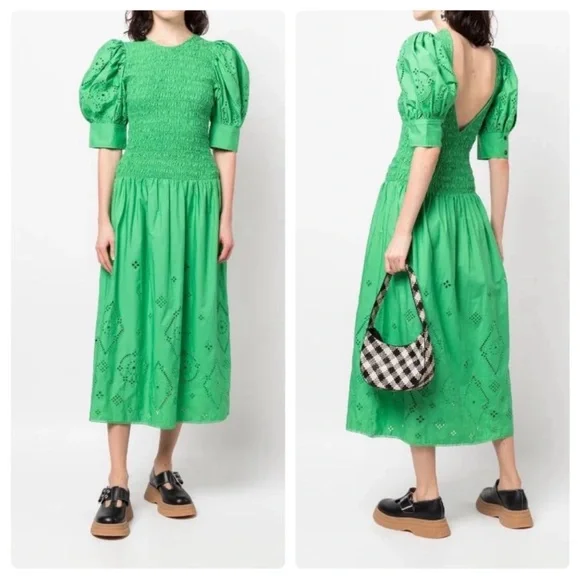 Ganni Green Broderie Anglaise Midi Dress